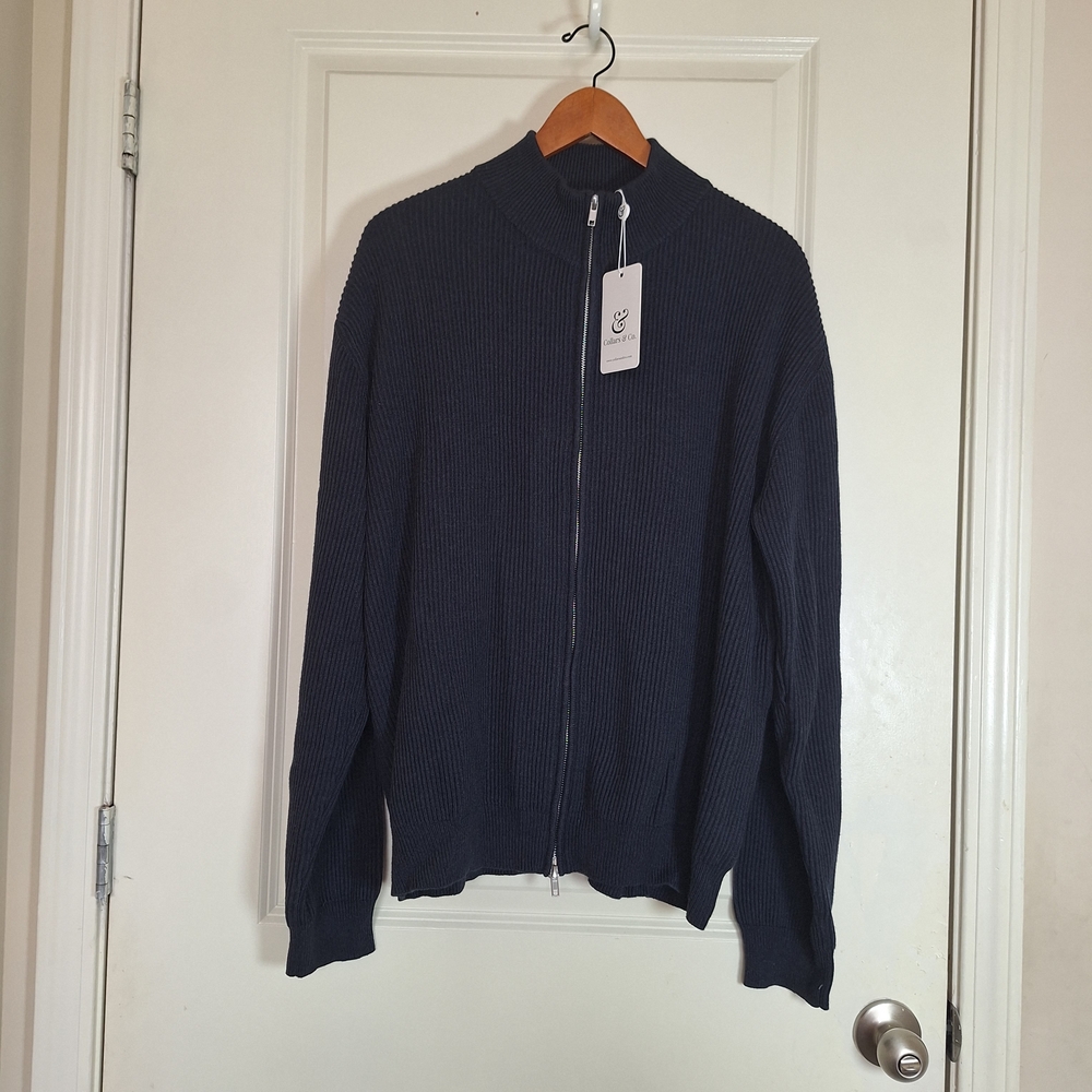 NWT Collars & Co. Men's Blue Full Zip Ribbed Cotton Cardigan Sweater Size 2XL